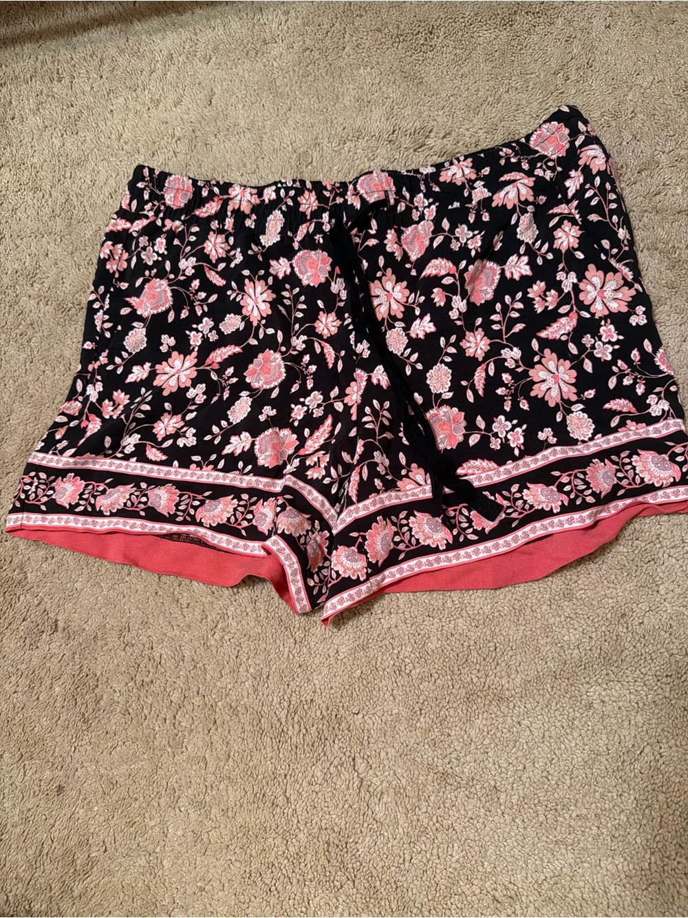 LOFT black/pink floral shorts with pink floral print and white trim, size S